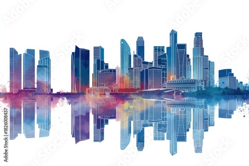Singapore skyline with colorful gradient buildings and mirrored water reflection on white background
