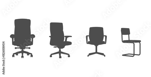 CAD drawings of several office chair silhouette designs in front view — cushioned executive, swivel task, minimal modern office, tubular-frame visitor. Vector illustration