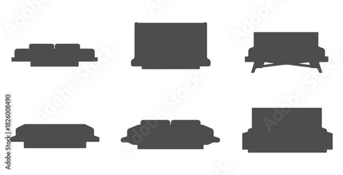 CAD drawings of various modern bed silhouette designs in front view — platform, upholstered headboard, wooden frame, low-profile modern, minimalist slab. Vector illustration