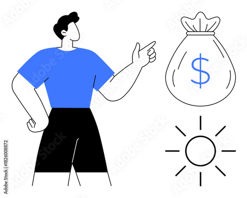 Person pointing to bag with dollar sign and bright sun emphasizes prosperity, finance, success, growth, progress, innovation, and hope. Ideal for economics, motivation investment simple flat