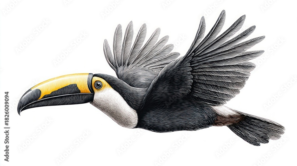 Naklejka premium A vibrant illustration of a flying toucan with a large, colorful beak