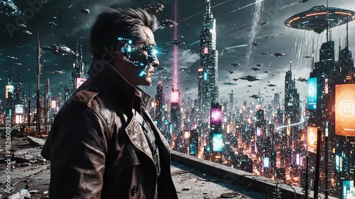 Futuristic cyberpunk cityscape with a tech-enhanced figure observing the skyline