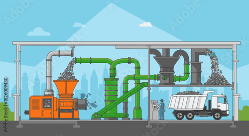 An intricate industrial waste management facility illustration, showcasing modern machinery efficiently processing materials before loading them into a large transport truck.