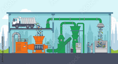 A comprehensive illustration depicting a modern waste recycling plant, detailing the essential process of trash collection, shredding, and sorting for sustainability.