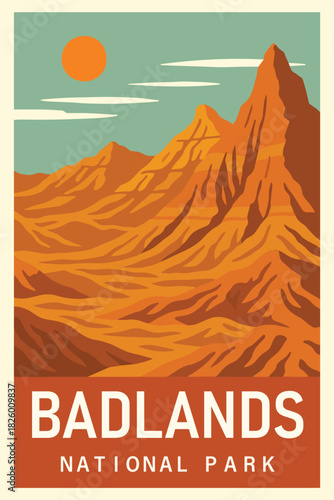 Badlands National Park Art, Travel Poster Clipart, Vintage USA Park Illustration, Retro Landscape Art, Badlands Wall Decor ClipArt
