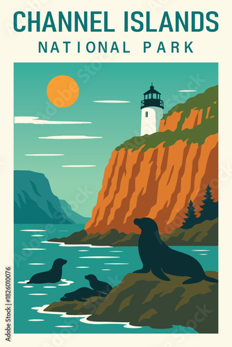 Channel Islands National Park Art, Travel Poster Clipart, Vintage USA Park Illustration, Retro Landscape Art, Channel Islands Wall Decor ClipArt
