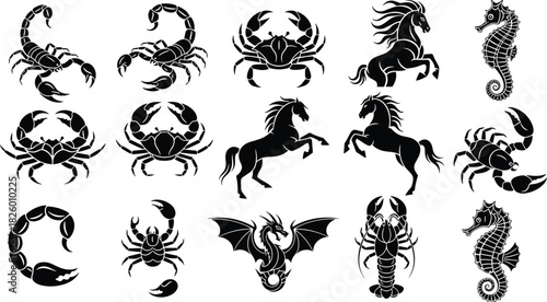 Animal and mythical creature silhouette vector set, dragon crab horse scorpion icons, black fantasy emblems, tribal tattoo style, graphic pack