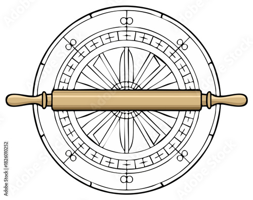 Illustration featuring a rolling pin on a decorative circle pattern design for baking related designs