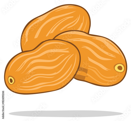 Three plump dried dates clustered together with subtle orange brown stripes and visible seed impressions