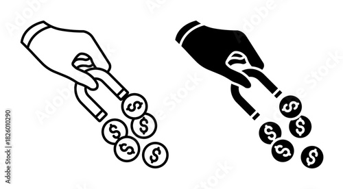 Linear icon. Stock trader hand holding a magnet attracts profits from successful trades. Simple vector isolated on white background