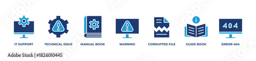 IT Support Solutions Icons set vector illustration blue with It support, Technical issue, Manual book, Warning, Corrupted file, Guide book, Error 404