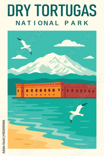 Dry Tortugas National Park Art, Travel Poster Clipart, Vintage USA Park Illustration, Retro Landscape Art, Dry Tortugas Wall Decor ClipArt
