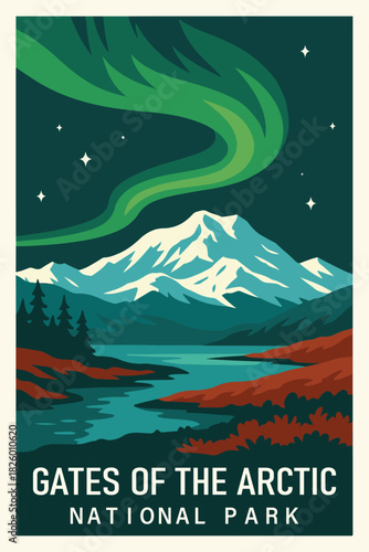Gates of the Arctic National Park Art, Travel Poster Clipart, Vintage USA Park Illustration, Retro Landscape Art, Gates of the Arctic Wall Decor ClipArt
