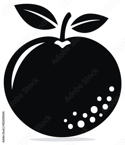 Stylized tangerine or orange with leaves and droplets in black and white vector icon