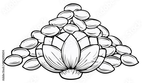 Black and white botanical illustration of a lotus flower with seed pods