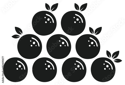 Artistic arrangement of eight black fruit, adorned with small leaf details, creating a visually engaging and stylized graphic illustration