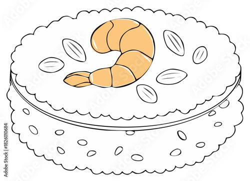 Cartoon sushi roll with shrimp and almond slices