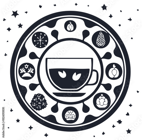 Graphic mandala with a central teacup and icons of herbal tea ingredients and flavors