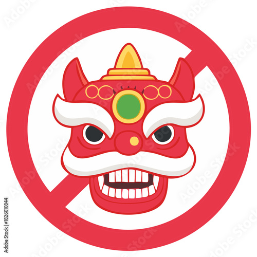 Prohibition Sign with Traditional Asian Lion Mask for Festival Cancellation Vector Icon