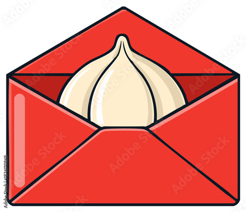 Stylized Red Envelope Containing a Garlic Bulb Vector Illustration