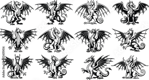 Dragon silhouette vector icon set, black heraldic creature designs, tribal fantasy emblems, mythical beast illustrations, medieval-themed graphic collection