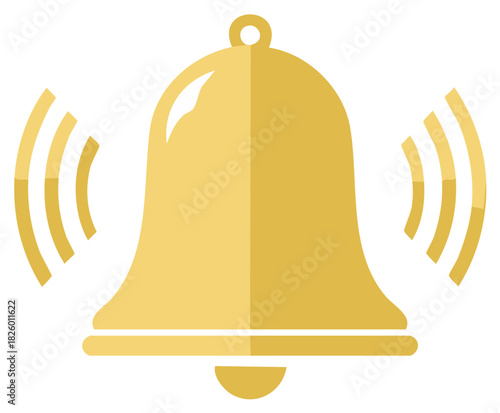 Ringing golden bell icon for notifications alerts and reminders flat vector graphic
