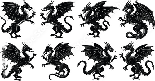 Dragon silhouette vector illustration set, black fantasy creature designs, tribal tattoo style, mythical beast icons, heraldic graphic pack, medieval artwork