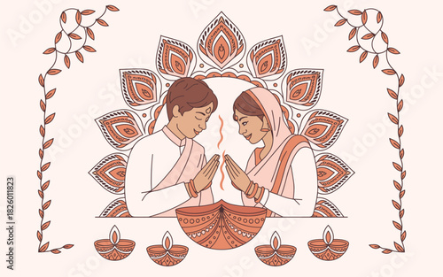 Indian couple praying with diyas and mandala decoration