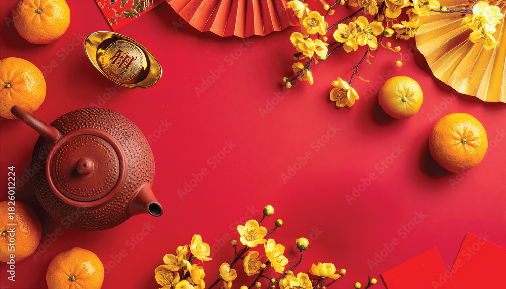 Naklejka premium chinese new year flat lay composition with teapot red envelopes oranges lanterns golden flowers on red background