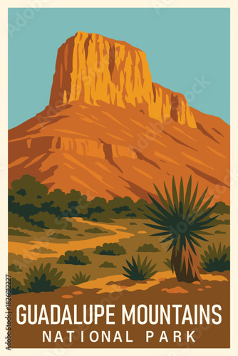 Guadalupe Mountains National Park Travel Poster Clipart, Vintage USA Park Illustration, Retro Landscape Art, Guadalupe Mountains Wall Decor ClipArt
