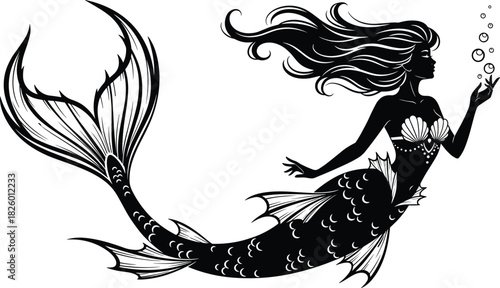 Elegant black silhouette of a beautiful mermaid vector illustration, fantasy sea creature with scales, shell top, long flowing hair, and hand-blown bubbles design on a white background