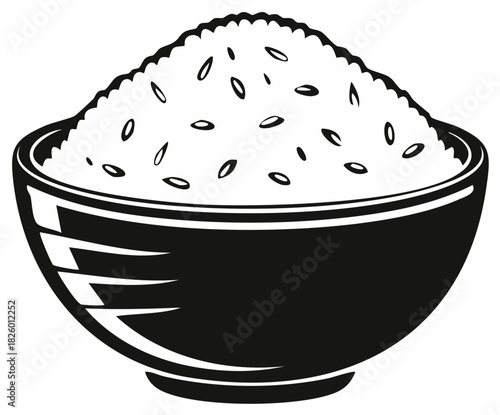 Black and white illustration of a bowl filled with rice grains