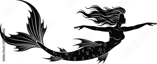 Elegant black silhouette of a swimming mermaid vector illustration, mythical fantasy sea creature with scales, flowing hair, and detailed fins design on a clean white background