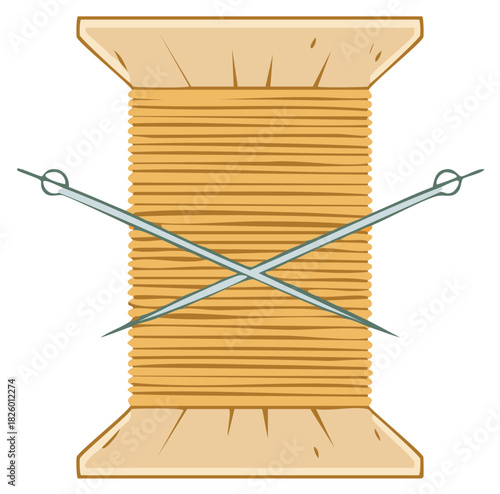 Illustration of sewing tools: a spool of thread with needles