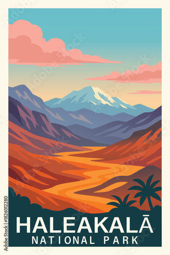Haleakala National Park Travel Poster Clipart, Vintage USA Park Illustration, Retro Landscape Art, Haleakala Wall Decor ClipArt
