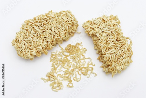 Broken dried instant noodles white background
