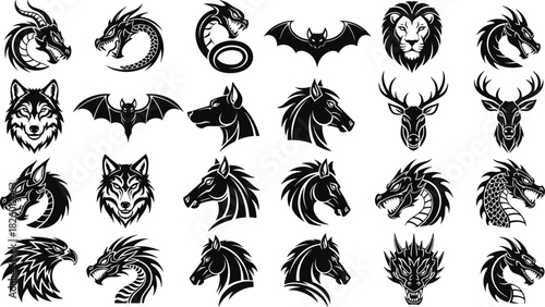 Fantasy animal vector icon set, tribal dragon and unicorn designs, black graphic emblems, mythical creature silhouettes, tattoo-style illustration pack