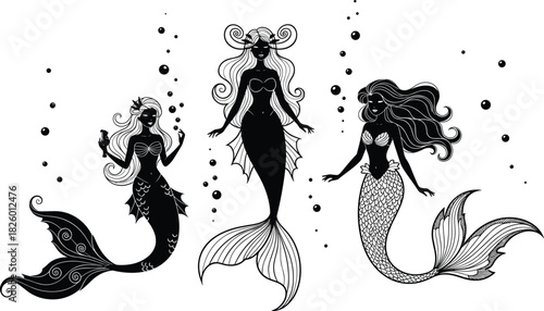 Elegant mermaid trio silhouette vector, fantasy sea maidens illustration, underwater mythical characters with flowing hair, decorative aquatic artwork design for ocean-themed graphics