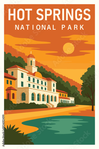 Hot Springs National Park Travel Poster Clipart, Vintage USA Park Illustration, Retro Landscape Art, Hot Springs Wall Decor ClipArt
