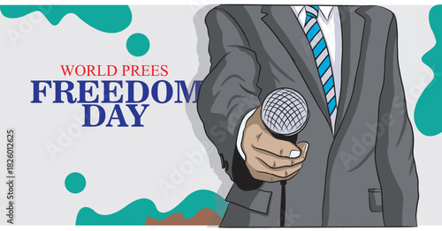 Illustration celebrating World Press Freedom Day with a suited figure holding a microphone, symbolizing journalism and the value of expression.