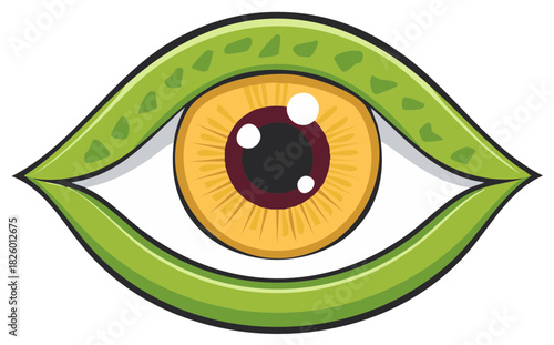 Stylized all seeing eye with green eyelids and a yellow iris graphic illustration