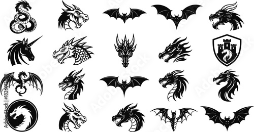 Fantasy creature vector illustration set, dragon and unicorn heads, mythical beast icons, black graphic emblems, heraldic symbol pack, medieval-themed artwork