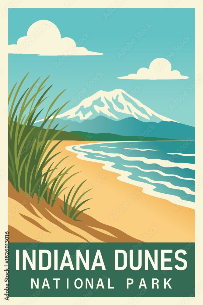 Obraz premium Indiana Dunes National Park Travel Poster Clipart, Vintage USA Park Illustration, Retro Landscape Art, Indiana Dunes Wall Decor ClipArt