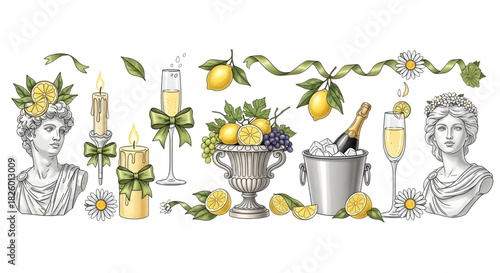 Lemon, classical busts, and celebration decor elements