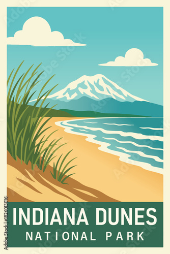Indiana Dunes National Park Travel Poster Clipart, Vintage USA Park Illustration, Retro Landscape Art, Indiana Dunes Wall Decor ClipArt
