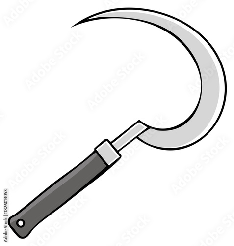 Simple Cartoon Sickle Illustration with a Curved Metal Blade and Dark Handle for Farming and Harvesting