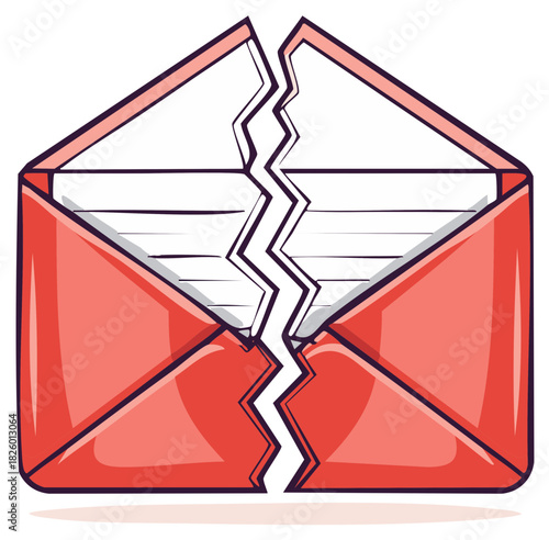 Torn red envelope with white paper inside symbolizing broken communication and lost messages