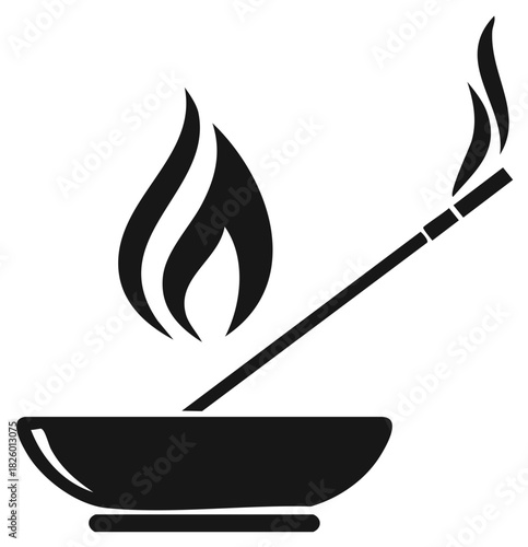 Simple black icon of a burning incense stick in a holder with a flame symbol