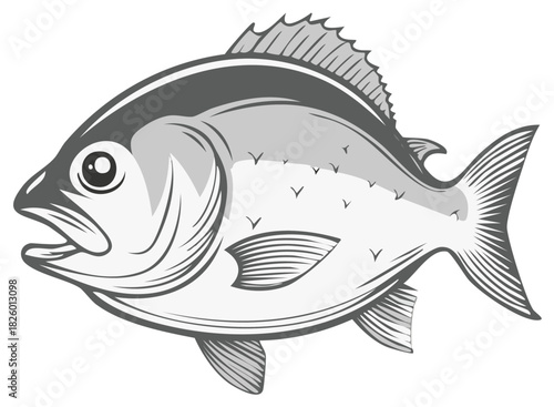 Grayscale vector fish illustration with mouth open showing detailed fins and scales aquatic animal graphic