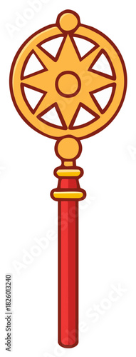 Stylized golden wheel staff with red pole spiritual symbol vector illustration